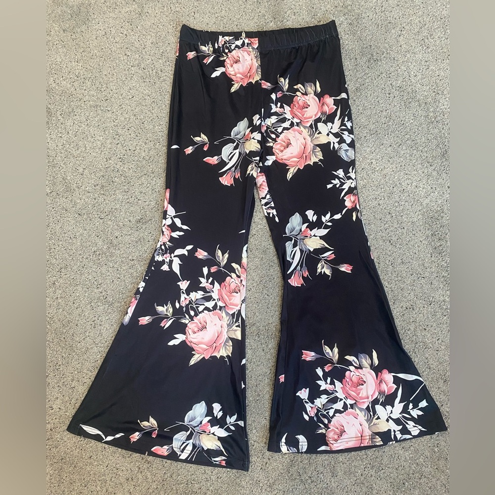 SHEIN Black and Pink Floral Flare Pants